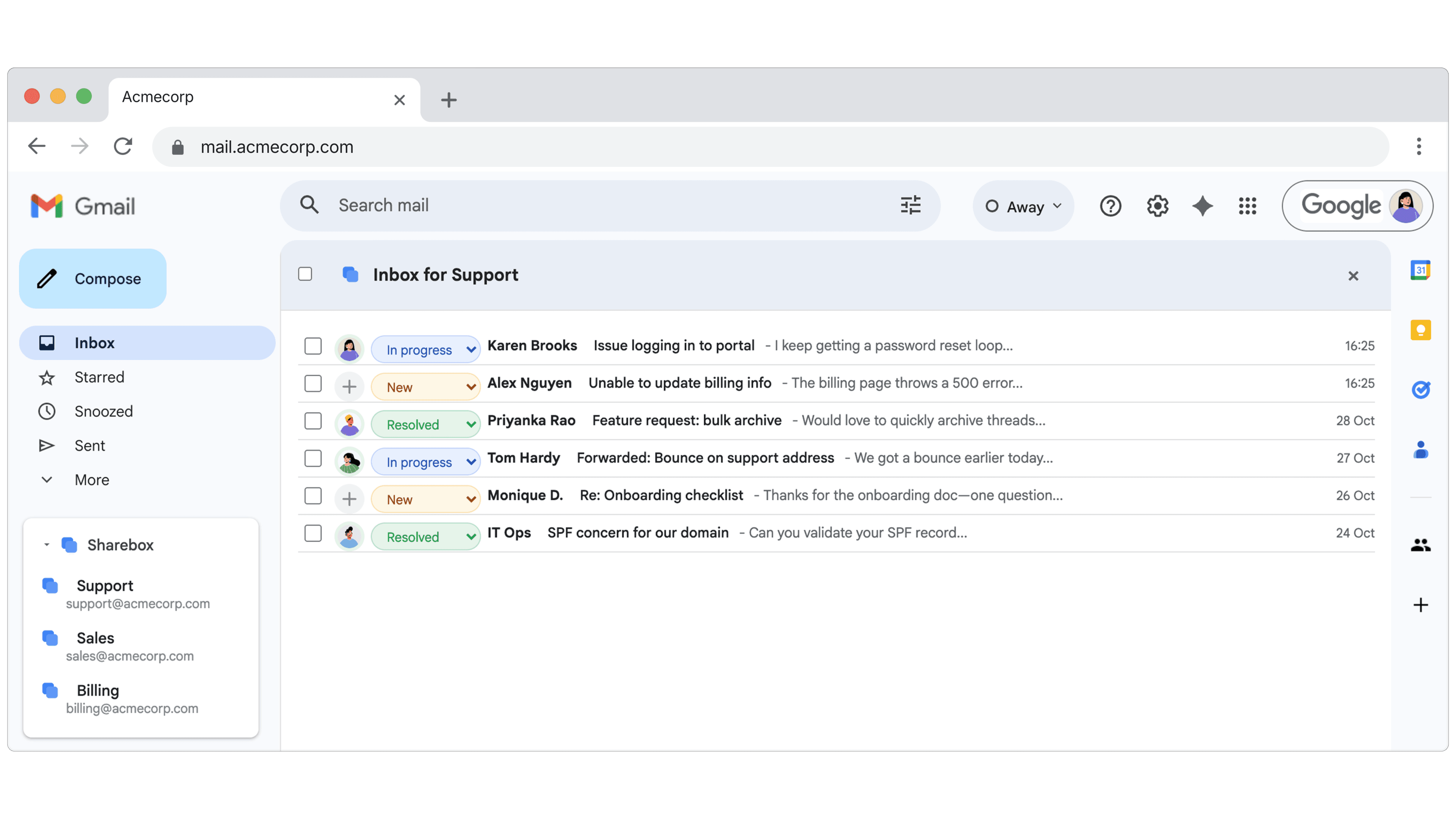 Sharebox app screenshot showing Gmail interface with shared inbox features
