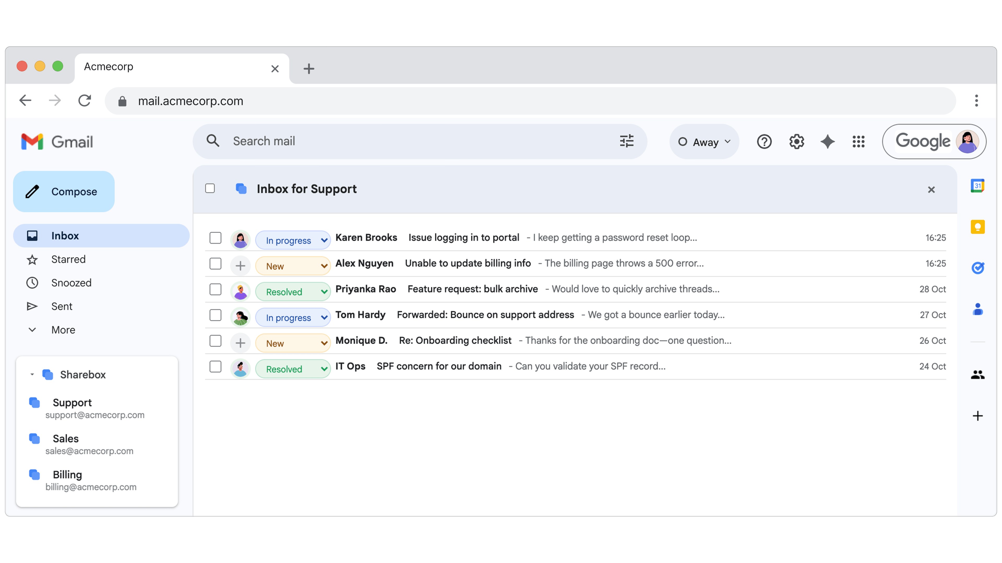 Sharebox sidebar inside Gmail showing shared inbox with email assignments and status tracking